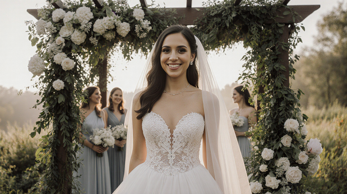 Bride smiling alone with lace gown and veil beneath dappled light near lush greenery arbor
