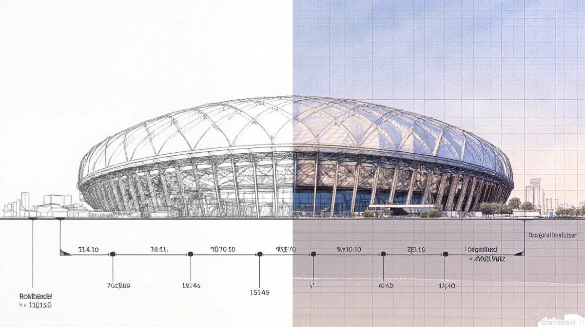 Stadium timeline illustration showing rough sketch transforming into refined domed design with subtle grid background