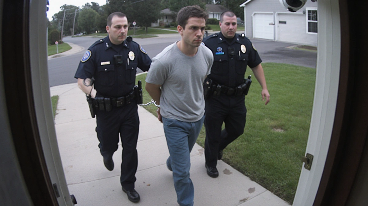Man in handcuffs being escorted by police with security camera mounted above suburban home doorframe
