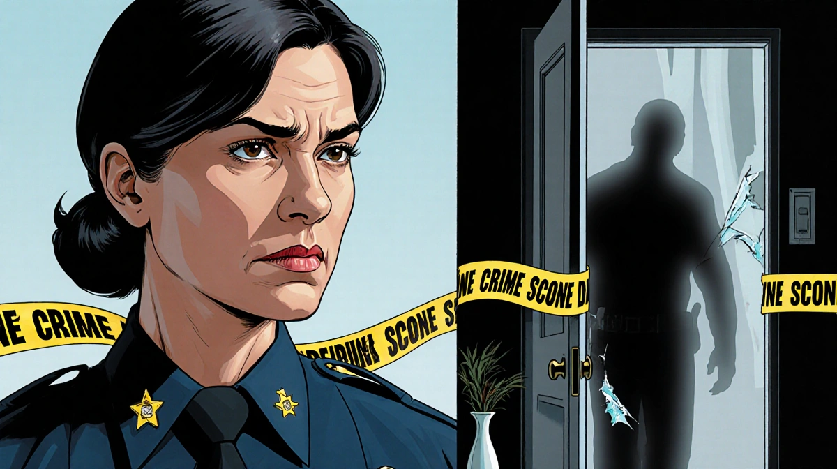 Police chief Elaine Bryant stands before crime scene tape with blurred figure behind door and broken vase showing domestic vi