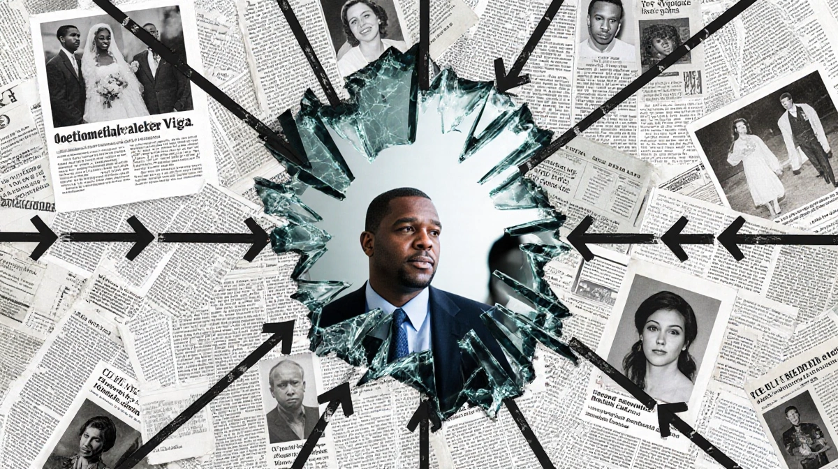 Shattered mirror shows domestic violence timeline with newspaper clippings and police reports pointing to escalating abuse