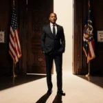 Don Lemon stands confidently near ornate wooden door with American flags showing resolve