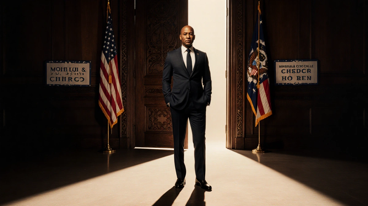 Don Lemon stands confidently near ornate wooden door with American flags showing resolve