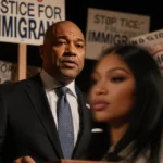 Don Lemon speaks at podium with protest signs behind him and blurred face in foreground