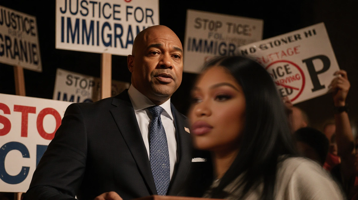 Don Lemon speaks at podium with protest signs behind him and blurred face in foreground