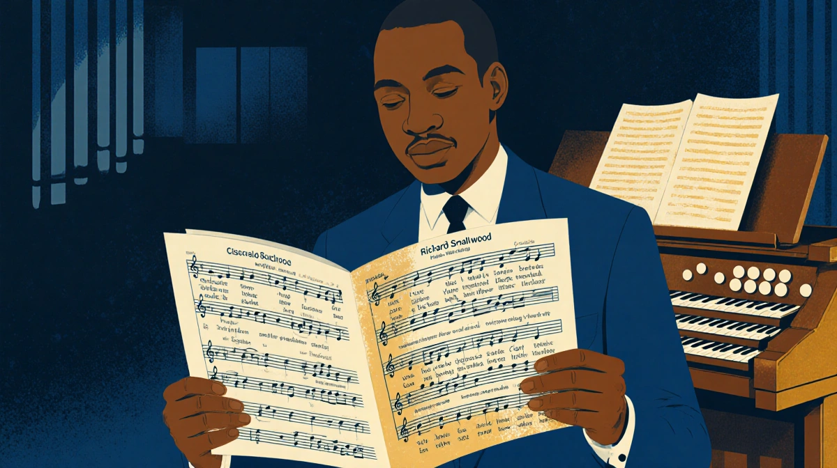 Donald Lawrence holding Richard Smallwood sheet music with gospel lyrics and classical notes piano in background