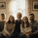 Donald Sutherland sits with his five children on a couch with vintage photos on the walls and natural light streaming through