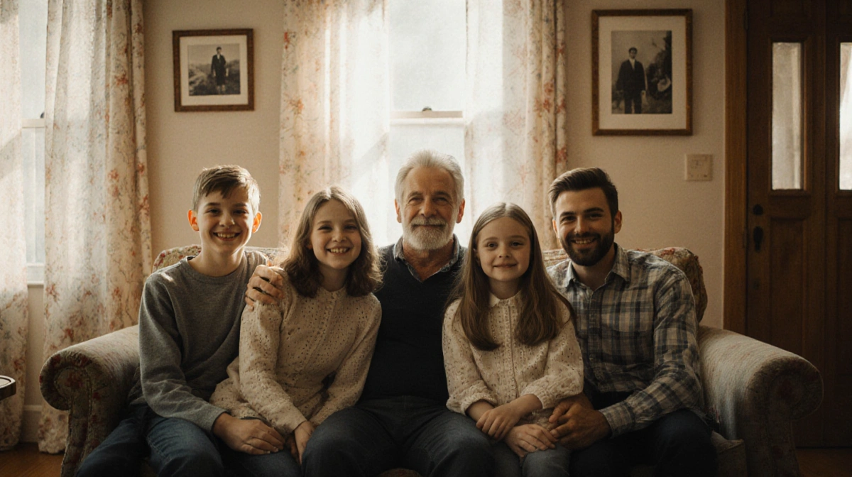 Donald Sutherland sits with his five children on a couch with vintage photos on the walls and natural light streaming through