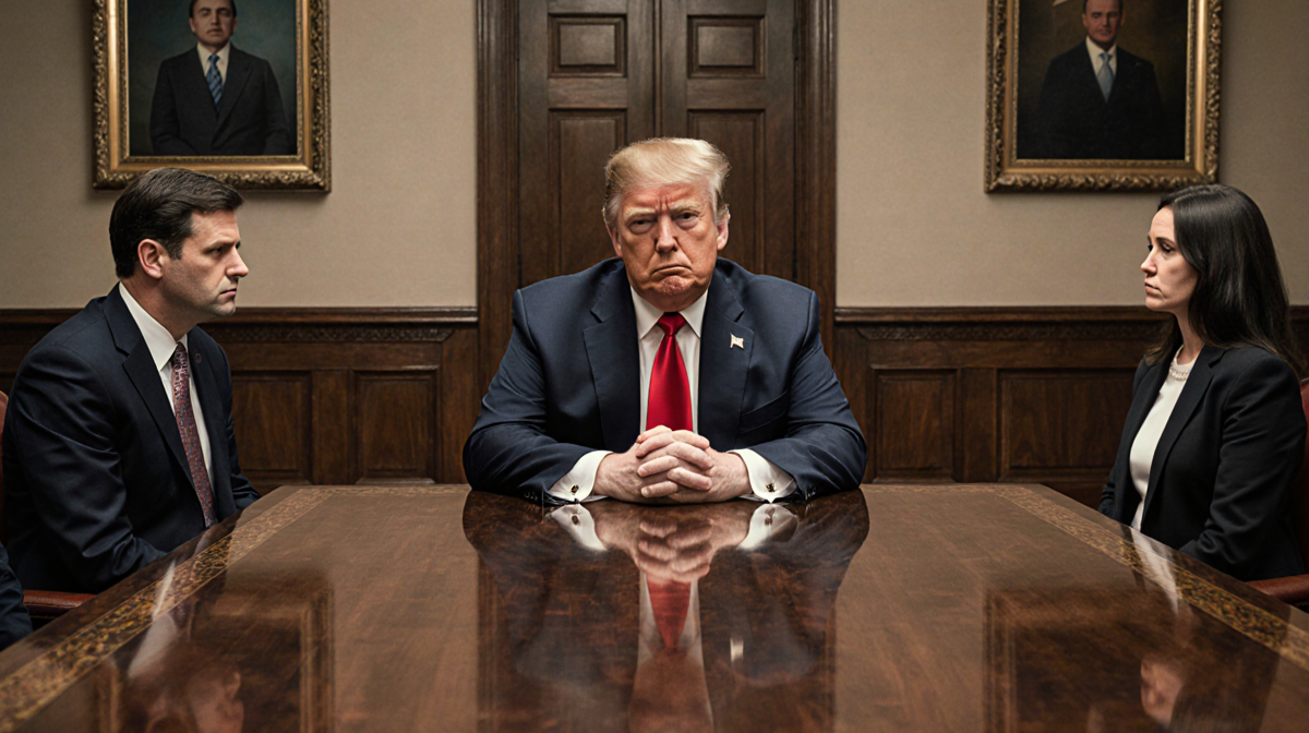 Donald Trump sits bored at a formal meeting with nervous advisers around a wooden table.