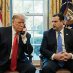 Trump speaking into phone with Walz listening nearby and warm light from window highlights Minnesota flag backdrop