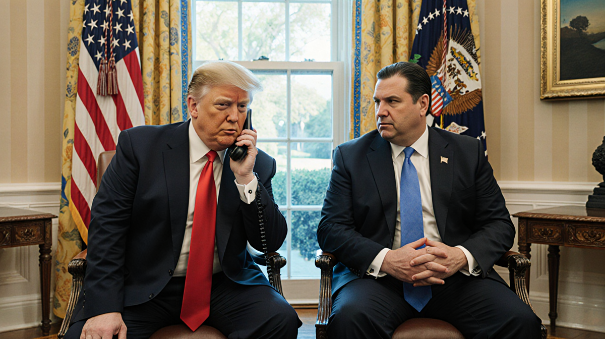 Trump speaking into phone with Walz listening nearby and warm light from window highlights Minnesota flag backdrop