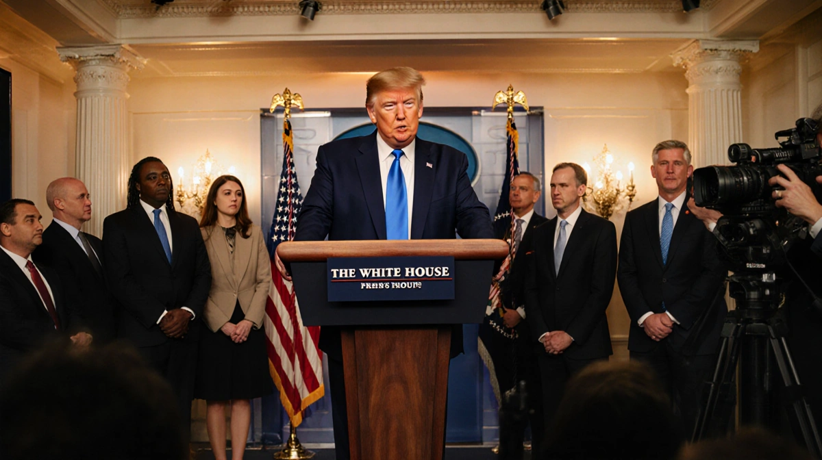 Donald Trump speaking at the podium during a White House press briefing with journalists lined up and flag in background