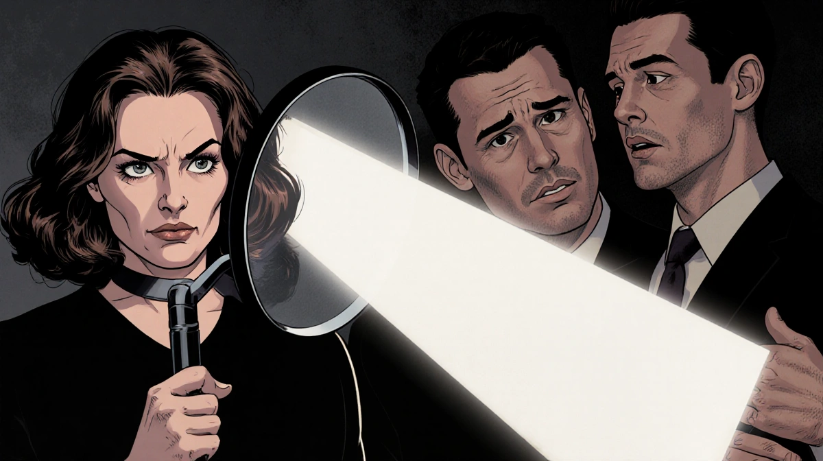 Donna holds magnifying glass with sly smile and Kelce brothers showing shocked expressions behind her