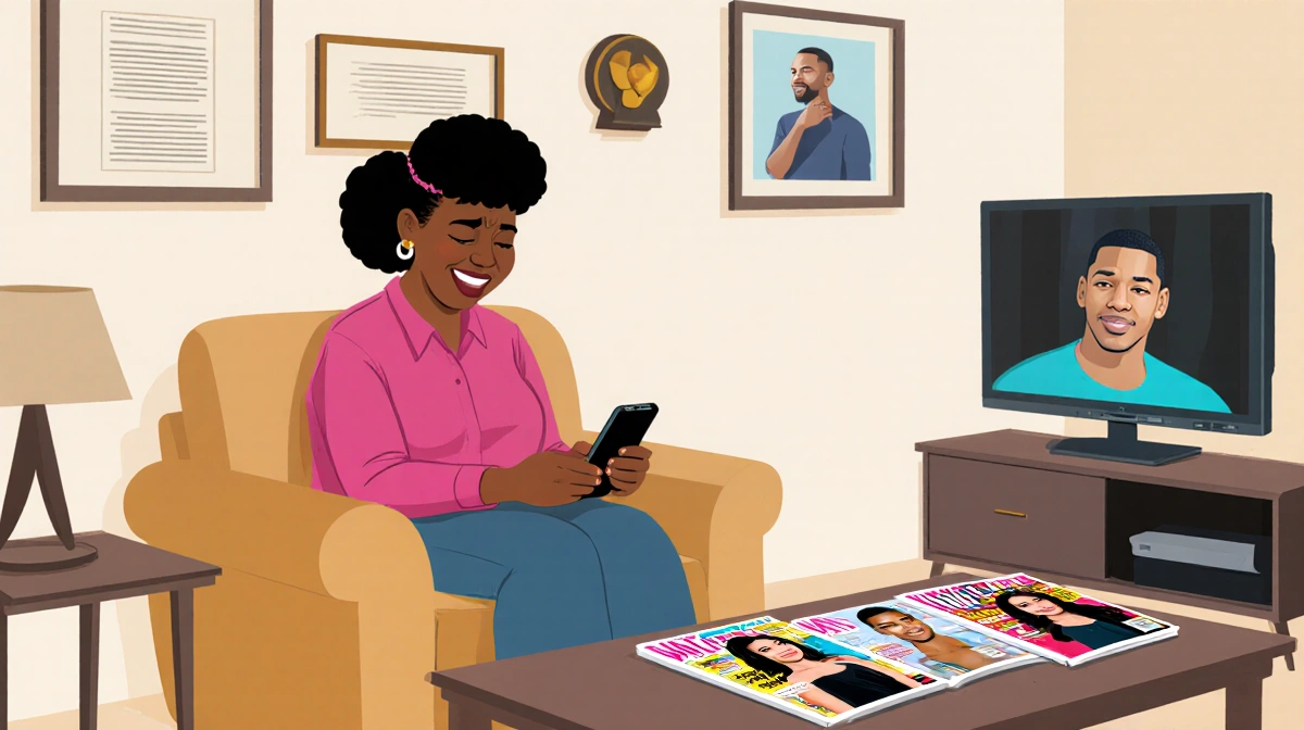 Donna Jordan sits in her living room with framed awards and photos showing her son Michael B Jordan's fame while glancing at 