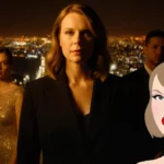 Donna Kelce stands with calm determination alongside fellow Traitors contestants with a subtle Swiftie logo visible in the fo