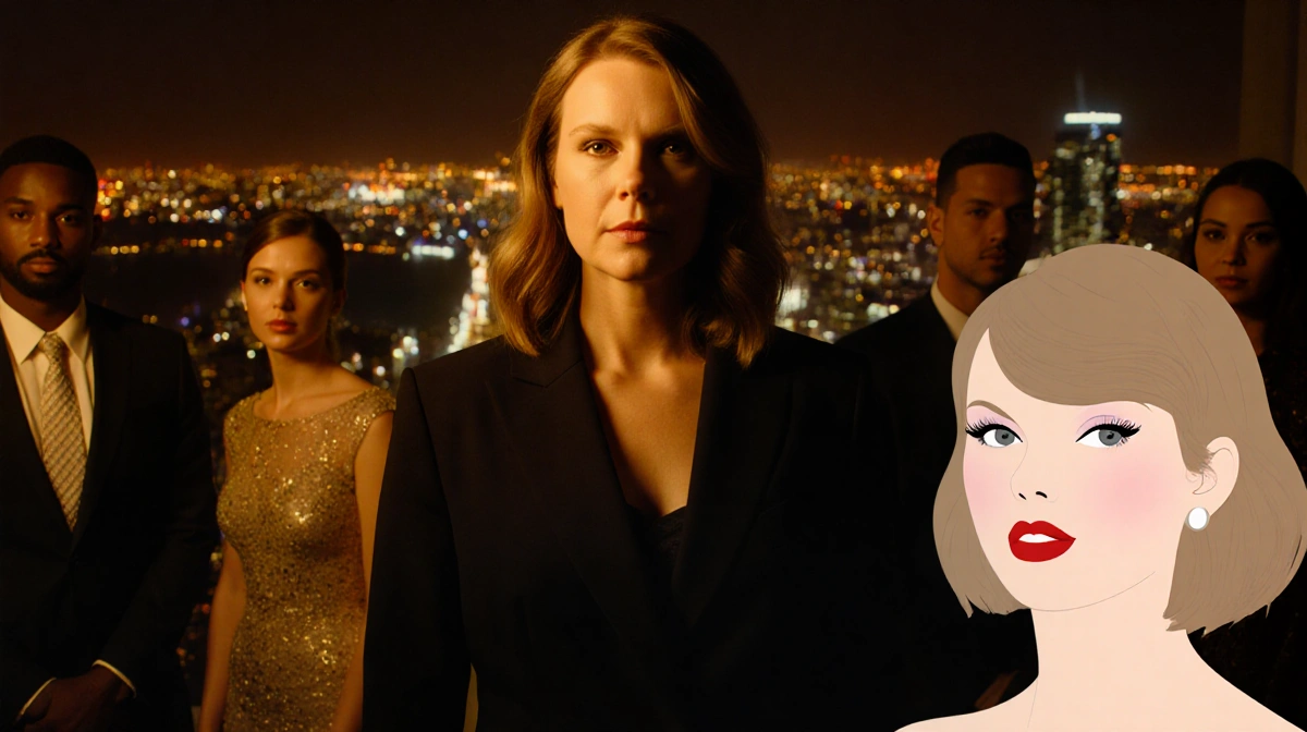 Donna Kelce stands with calm determination alongside fellow Traitors contestants with a subtle Swiftie logo visible in the fo