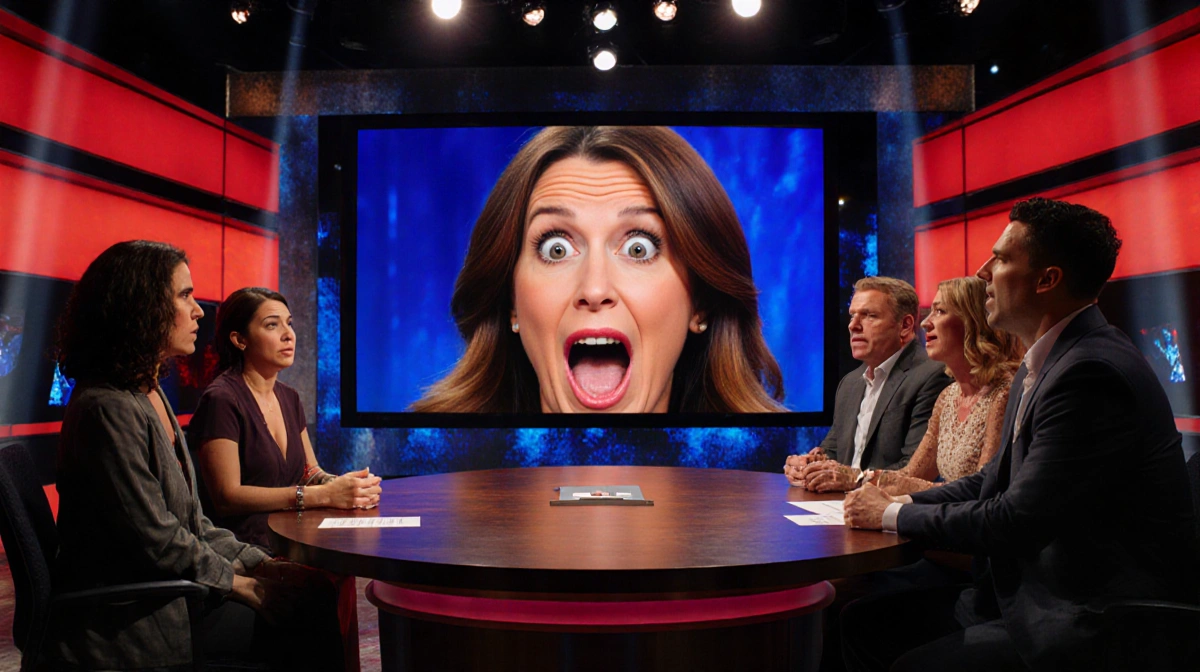 Donna Kelce's shocked face appears on screen as reality TV contestants vote her out with dramatic lighting and tense expressi