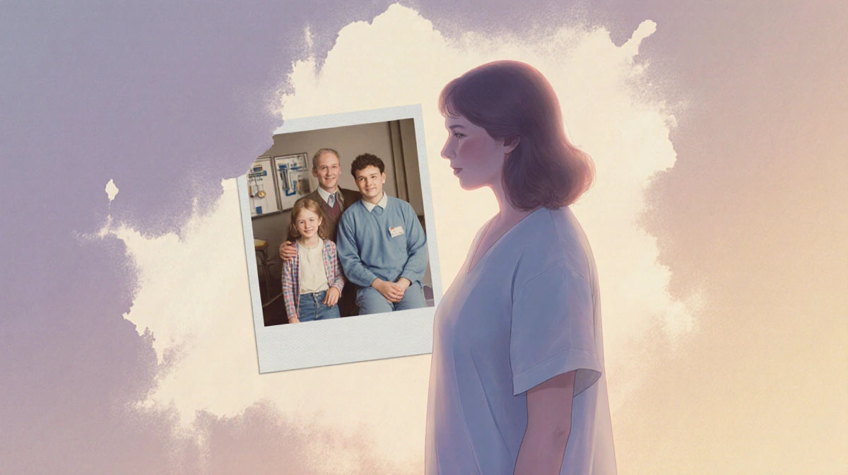 Donna's spirit stands before a faded photo with Sophie and Sam showing gentle longing with soft pastel memories