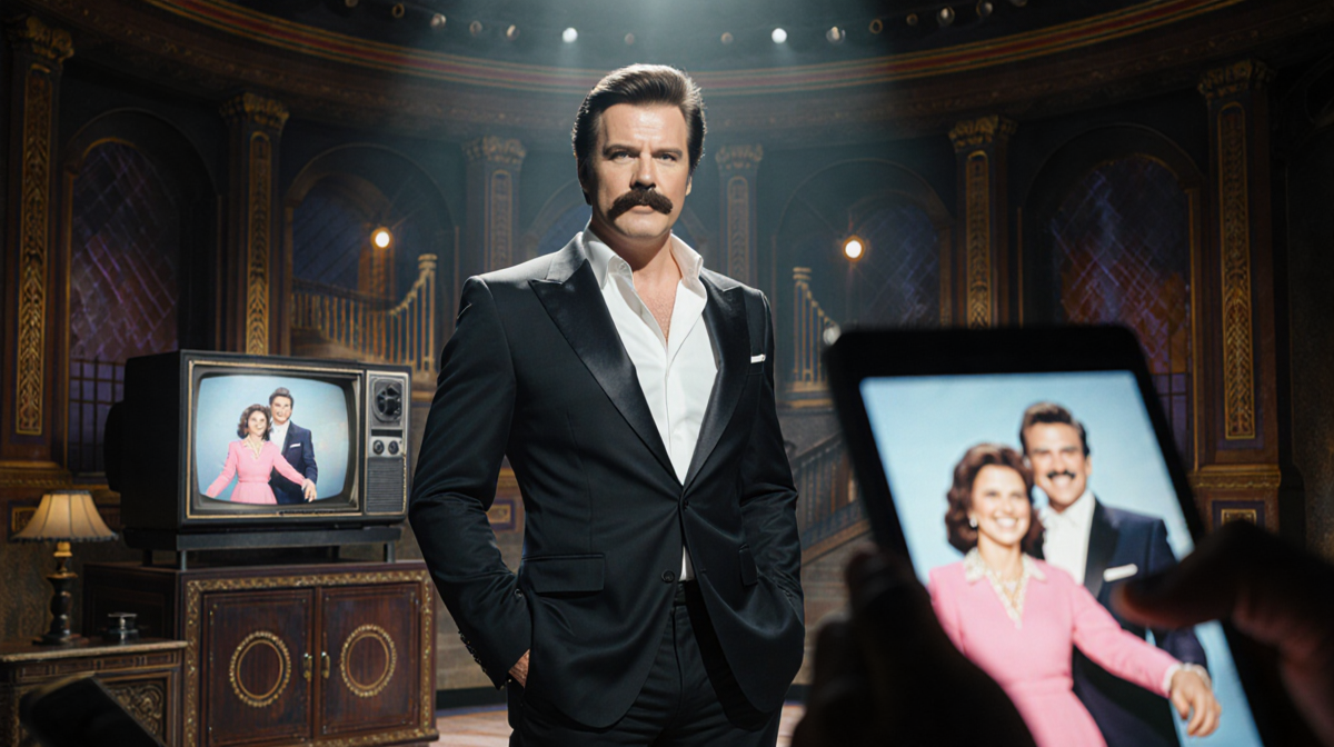 Donny Osmond standing center stage with spotlight and nostalgic TV screen of his 1976 variety show.