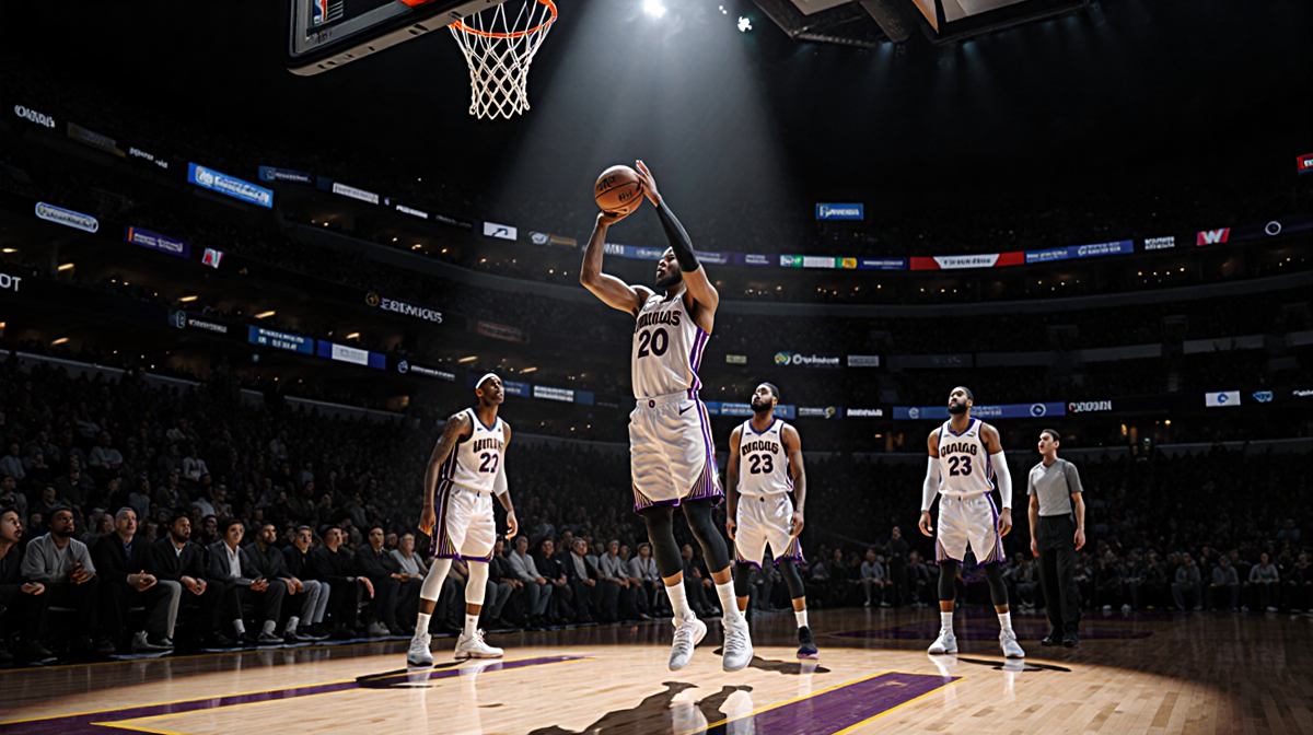 Donovan Mitchell shooting a 3-pointer with a halo of light and teammates watching on a dimly lit court