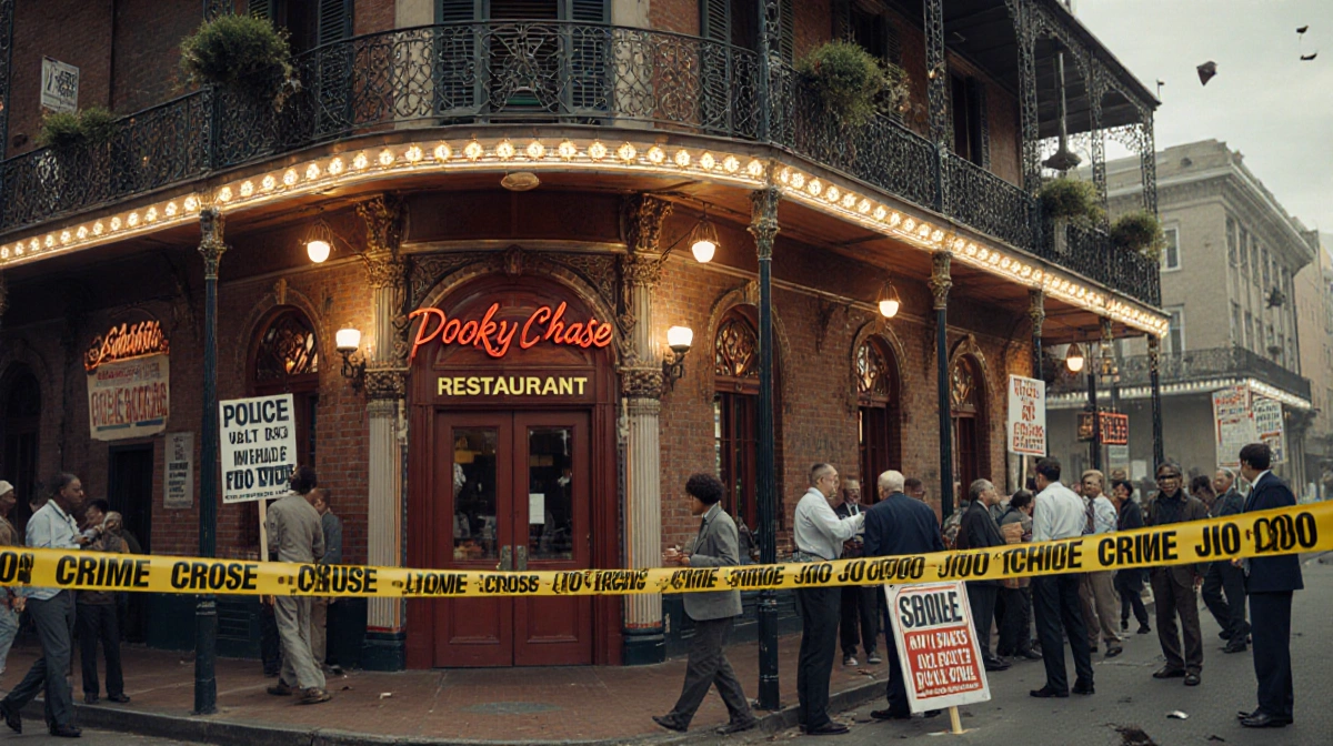 Dooky Chase restaurant stands damaged with police tape blocking entrance and civil rights protest signs showing historic New 