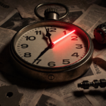 Clock face showing Doomsday Clock with glowing red tip at midnight and scattered newspaper clippings hinting at AI catastroph