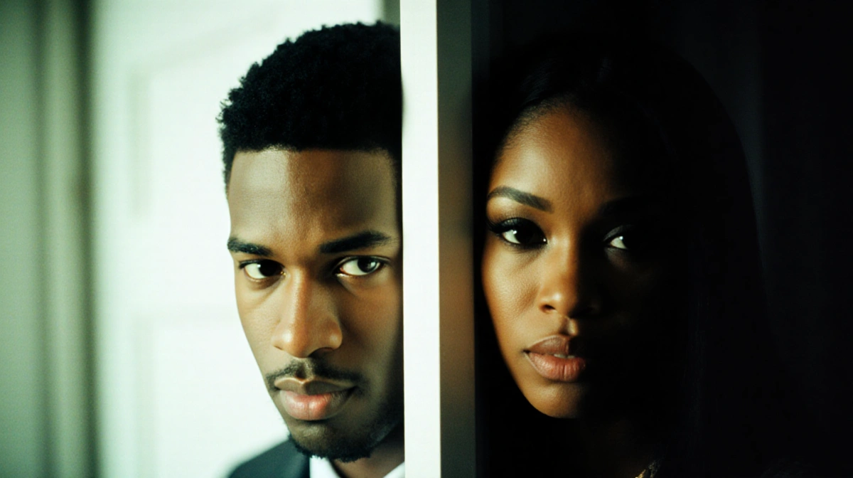 Brian Austin Green and Tichina Arnold stand on opposite sides of a cracked door with dim lighting and film grain texture