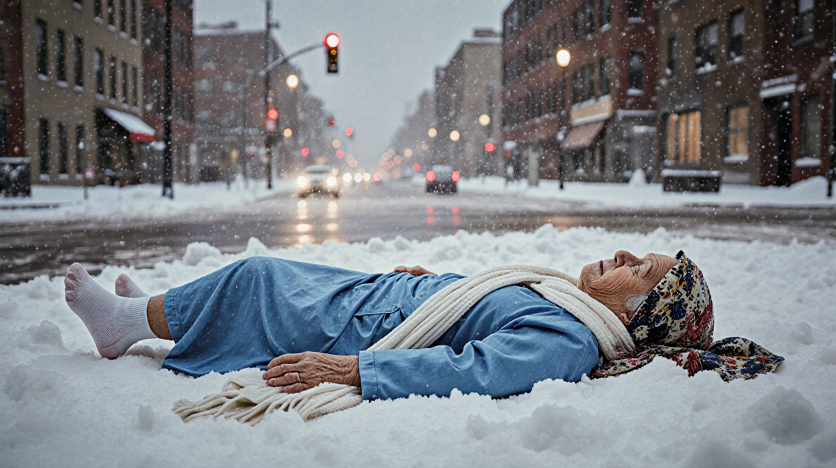 Elderly woman lying on her back in snow with a blue nightgown and a tattered headscarf New York Avenue in background.