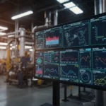 LPG control room shows real-time data on multiple screens with LED lighting and industrial pipes in background