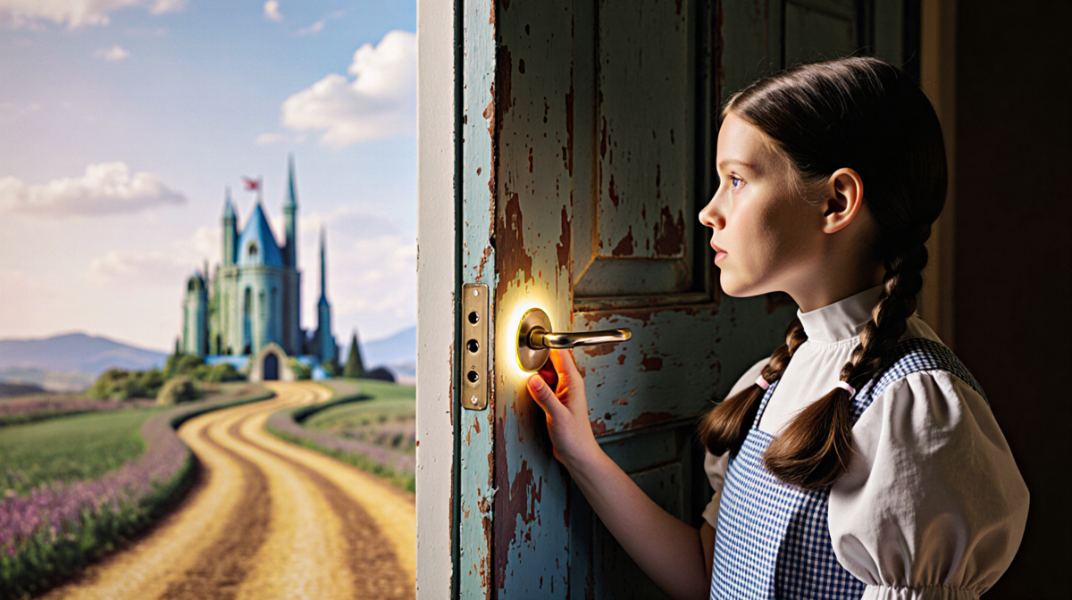 Dorothy Gale reaching toward old door with warm glow and blurred Oz background