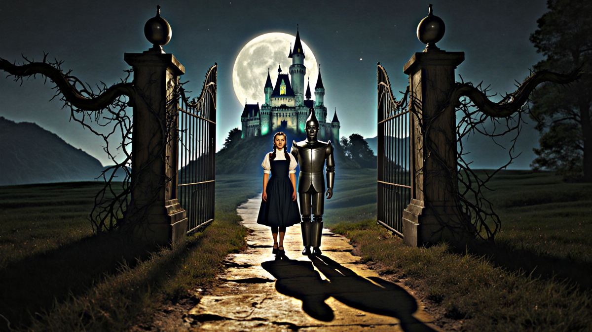 Dorothy Gale stands beside Tin Woodman with moonlit wizard castle behind and golden path leading to gates.