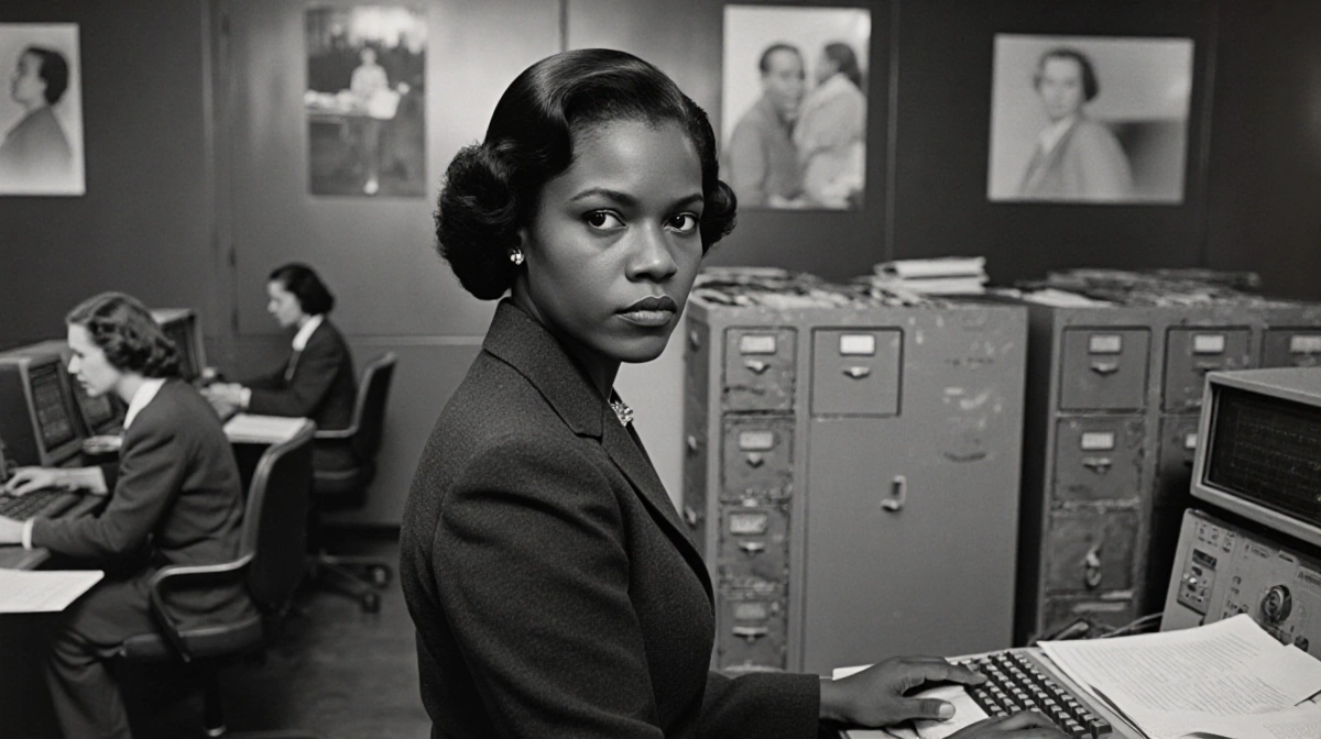 Dorothy Vaughan stands confidently at vintage computer terminal with filing cabinets and African American women working behin