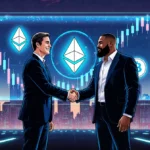 Jack Dorsey shaking hands with MrBeast in front of cryptocurrency trading screen with Bitmine logo and Ethereum symbols