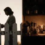 Two women stand hand in hand at picket fence with glowing interior and candlelit study visible through double exposure