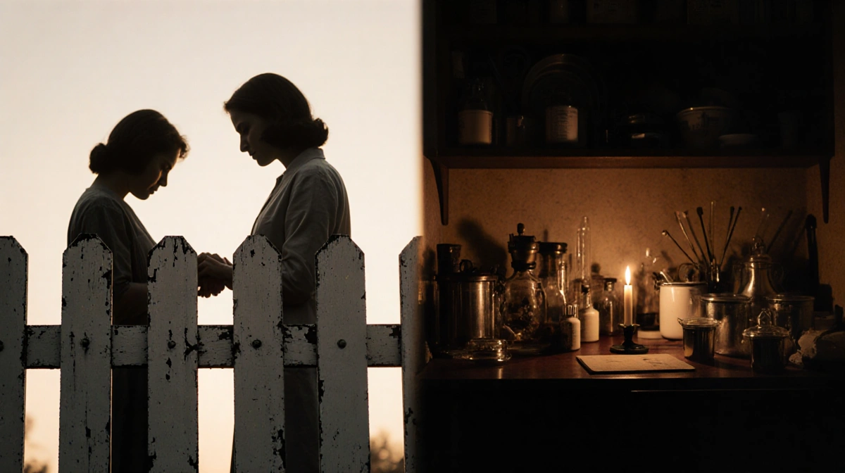 Two women stand hand in hand at picket fence with glowing interior and candlelit study visible through double exposure
