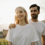 Dove Cameron stands with fiancé Damiano David behind her holding her shoulders in sunlit greenery.