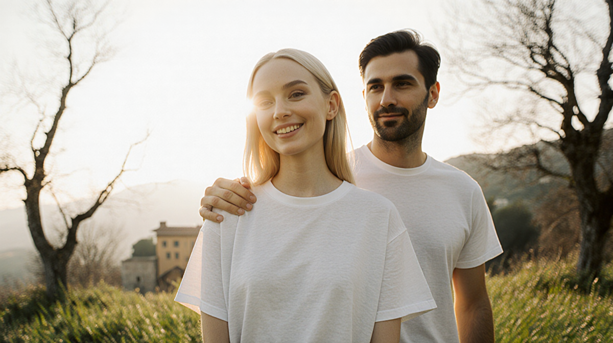 Dove Cameron stands with fiancé Damiano David behind her holding her shoulders in sunlit greenery.