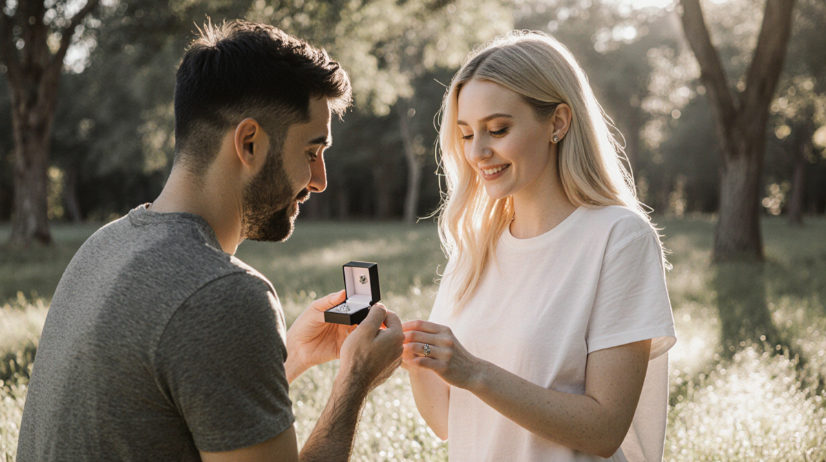 Damiano David kneeling and presenting an engagement ring to Dove Cameron with outdoor glow for a romantic proposal