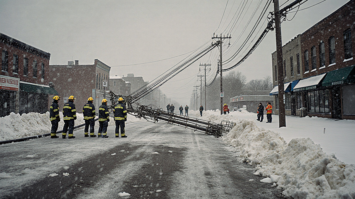First responders assessing a downed power line with snowdrifts and icy ground.