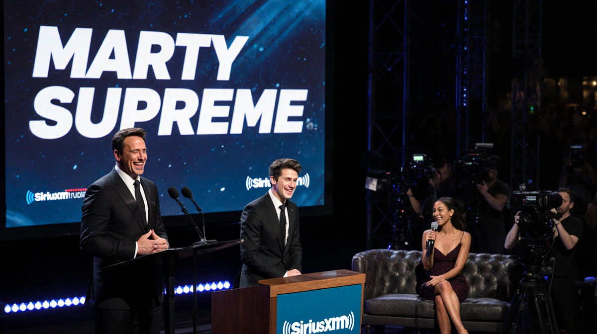 Robert Downey Jr. hosting Directors Guild Awards with Timothée Chalamet laughing and Marty Supreme screen behind