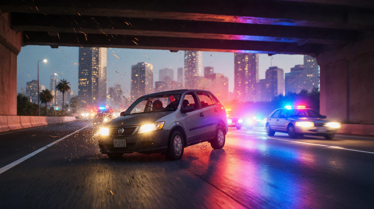 Speeding car crashes under downtown overpass with flashing police lights and blurred traffic behind