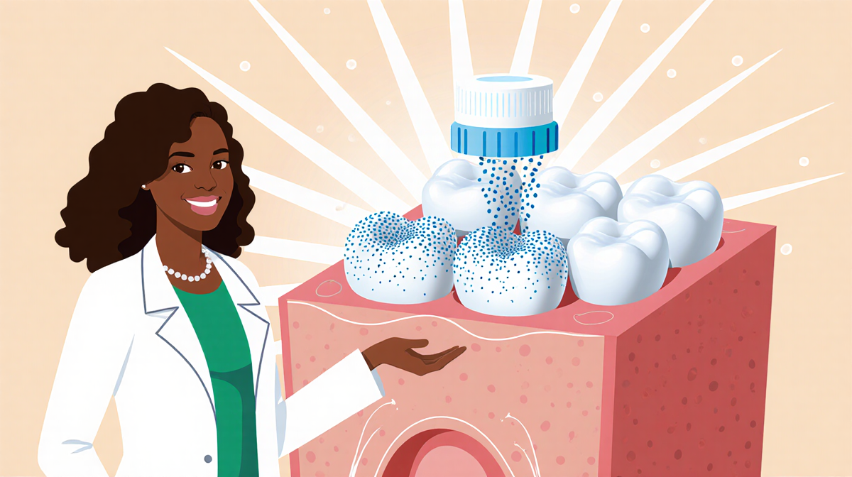 Dr. Catrise Austin standing beside enamel model with nano-hydroxyapatite particles and glow showing remineralization