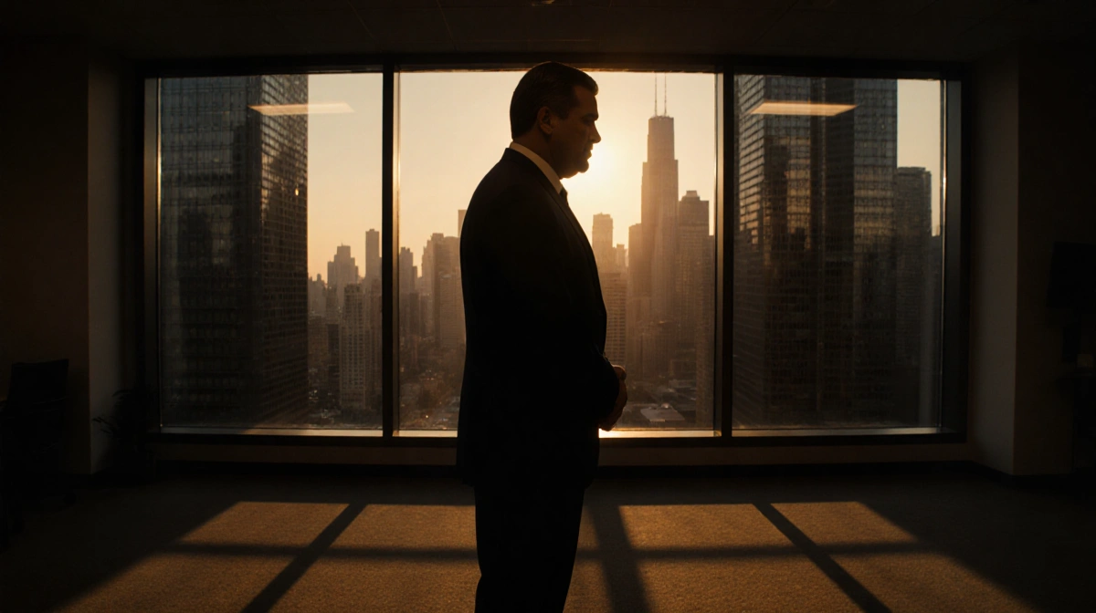 Dr Charles Nicoley stands alone with sunset glow reflecting in office windows behind him