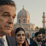 Dr. Oz expressing empathy with a blurred video screen and Armenian community backdrop showing flags and traditional clothing