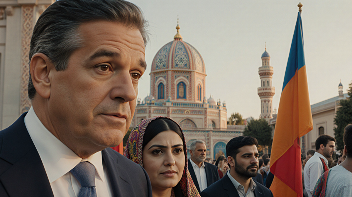 Dr. Oz expressing empathy with a blurred video screen and Armenian community backdrop showing flags and traditional clothing