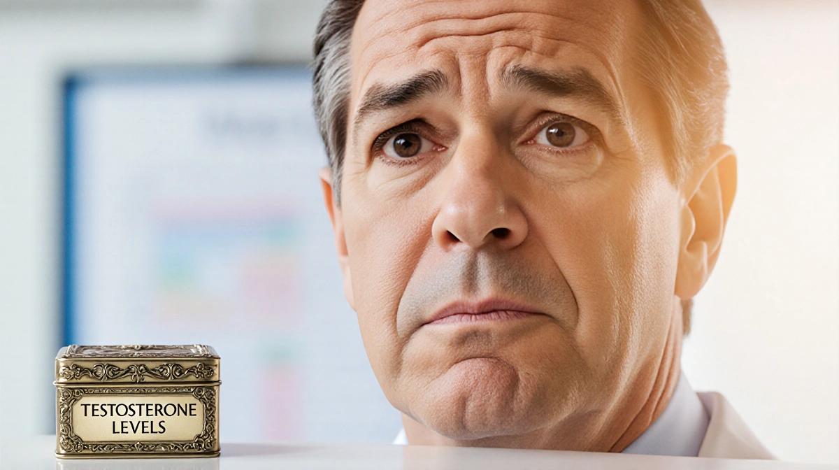 Dr. Oz looking concerned with testosterone levels box and medical chart blurred behind
