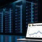 Modern data center glows at night with servers and LED lights while tablet shows DraftKings stock market graph