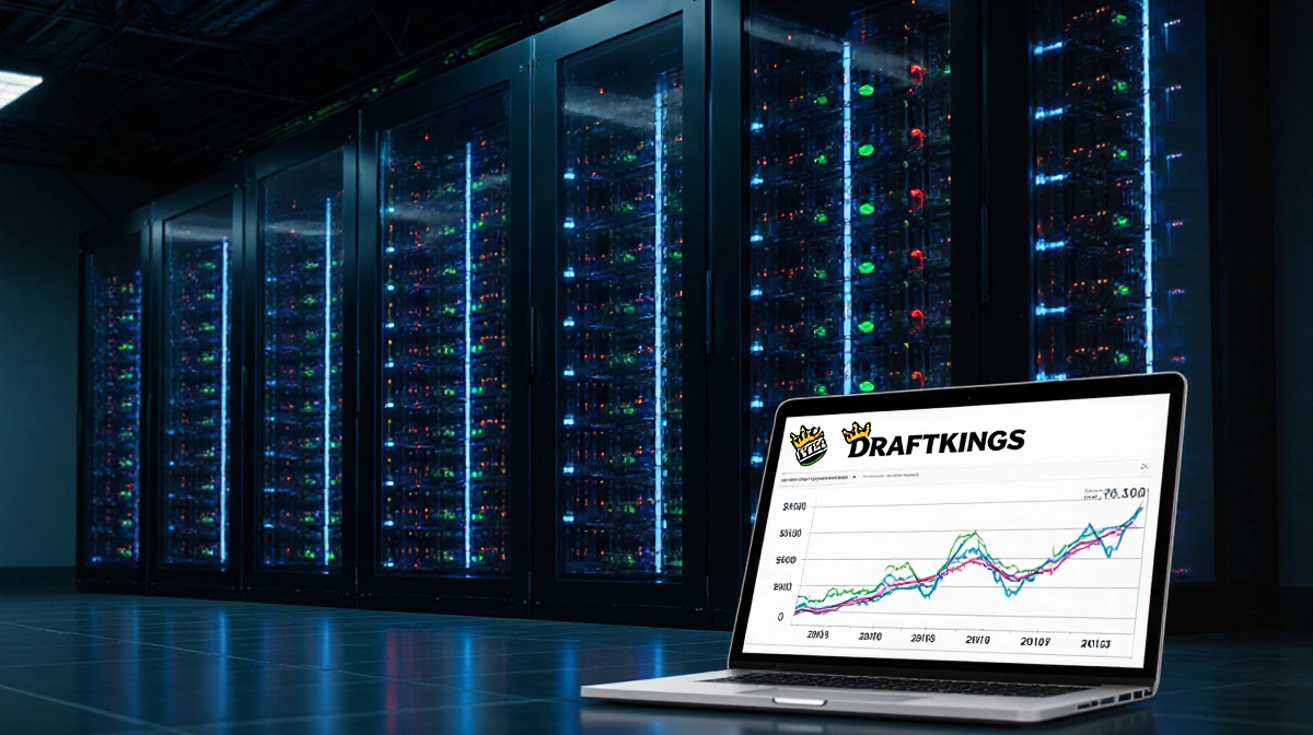 Modern data center glows at night with servers and LED lights while tablet shows DraftKings stock market graph