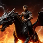 Rider guiding dragon through flames with obsidian scales glinting beneath fiery sky