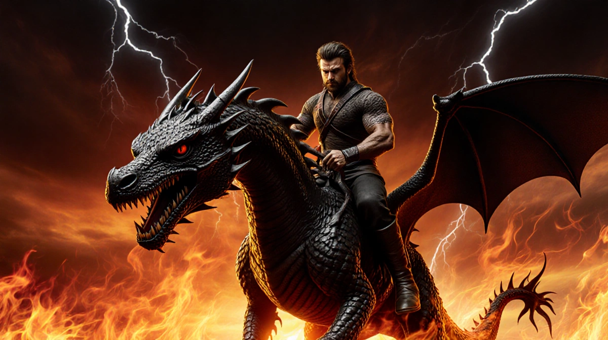 Rider guiding dragon through flames with obsidian scales glinting beneath fiery sky